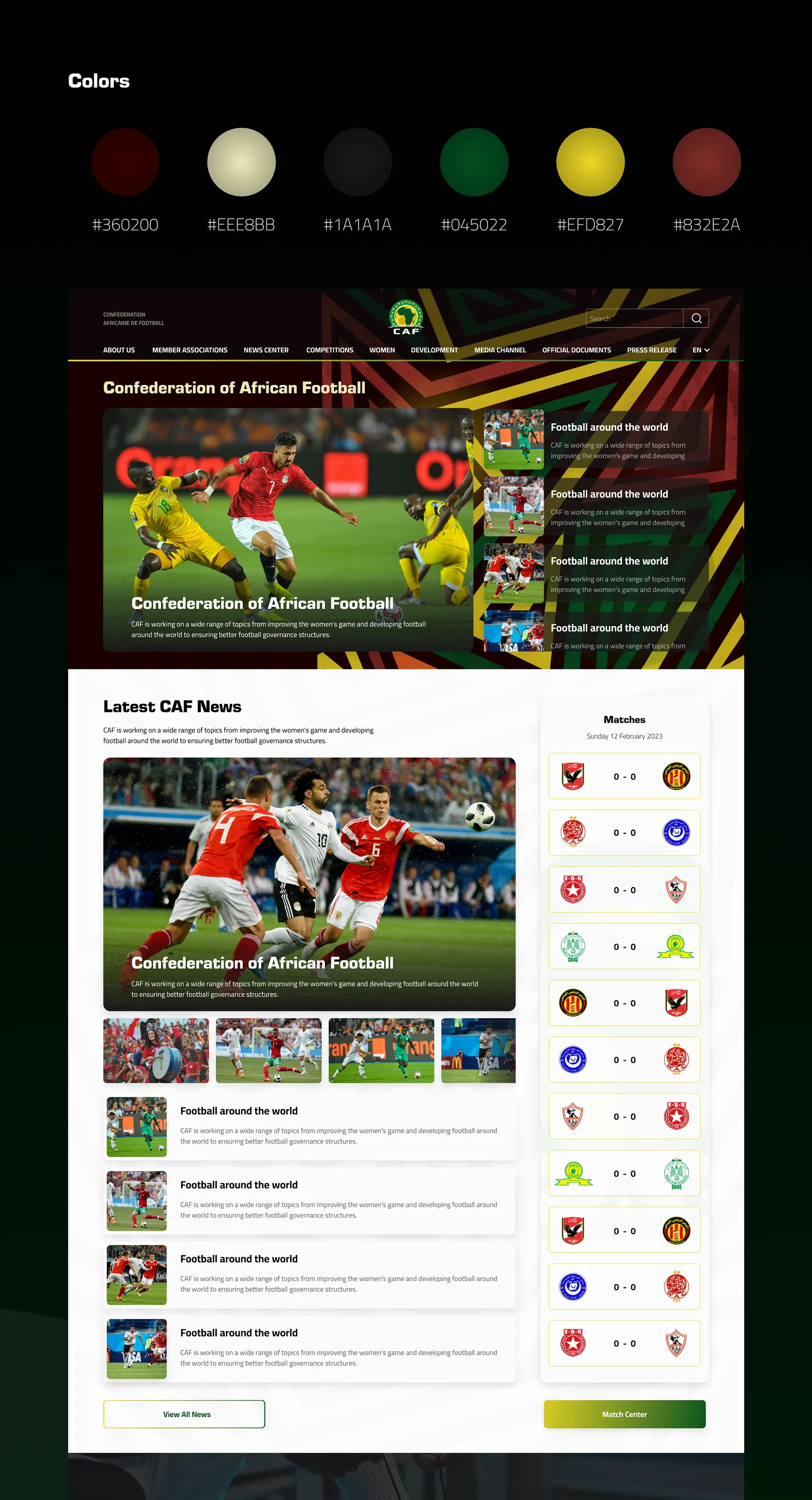 CAF: Colours and the home page: hero, latest news and matches