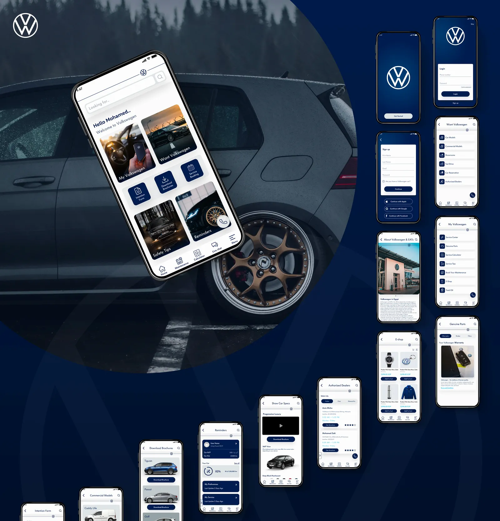 Volkswagen: The Volkswagen app on a phone, with its screens