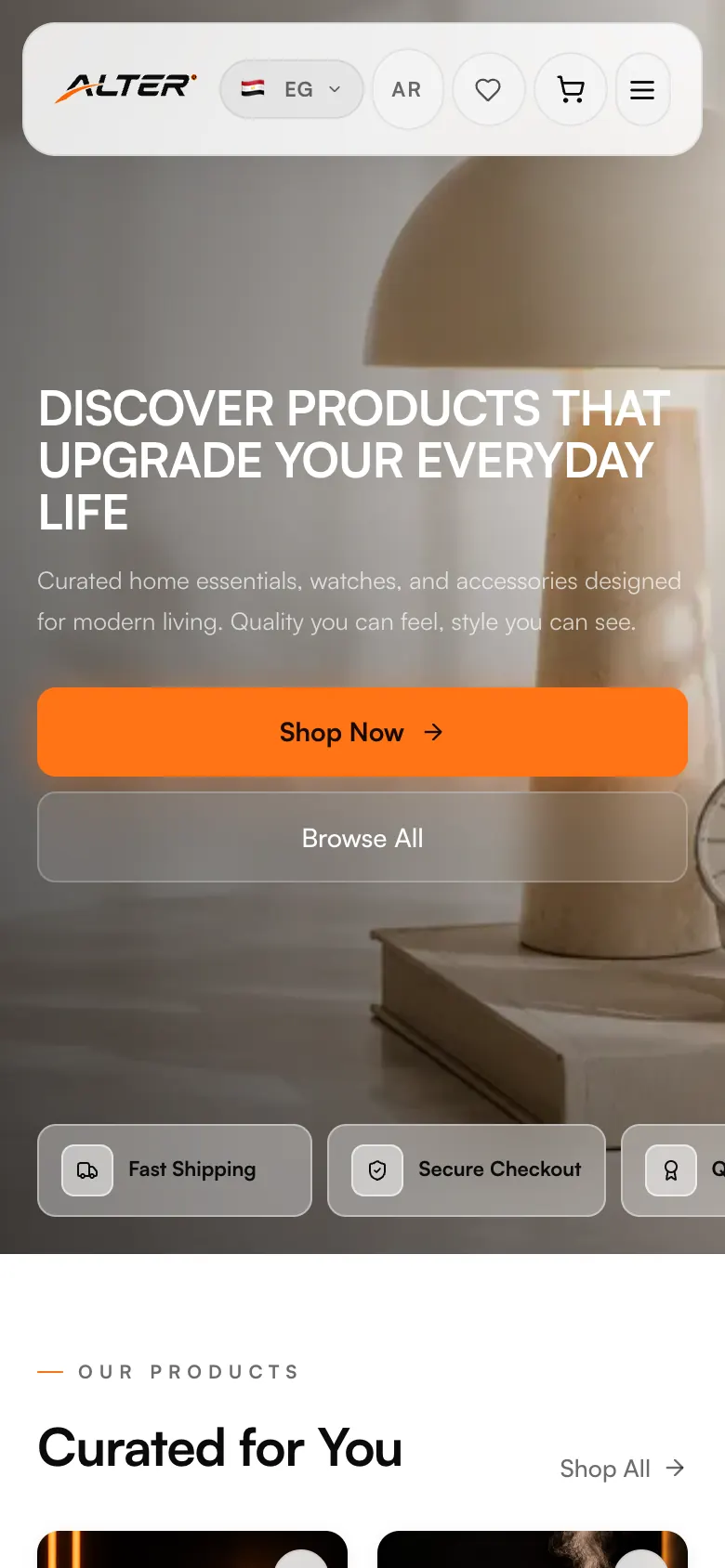 Alter Store, phone screen of the live product