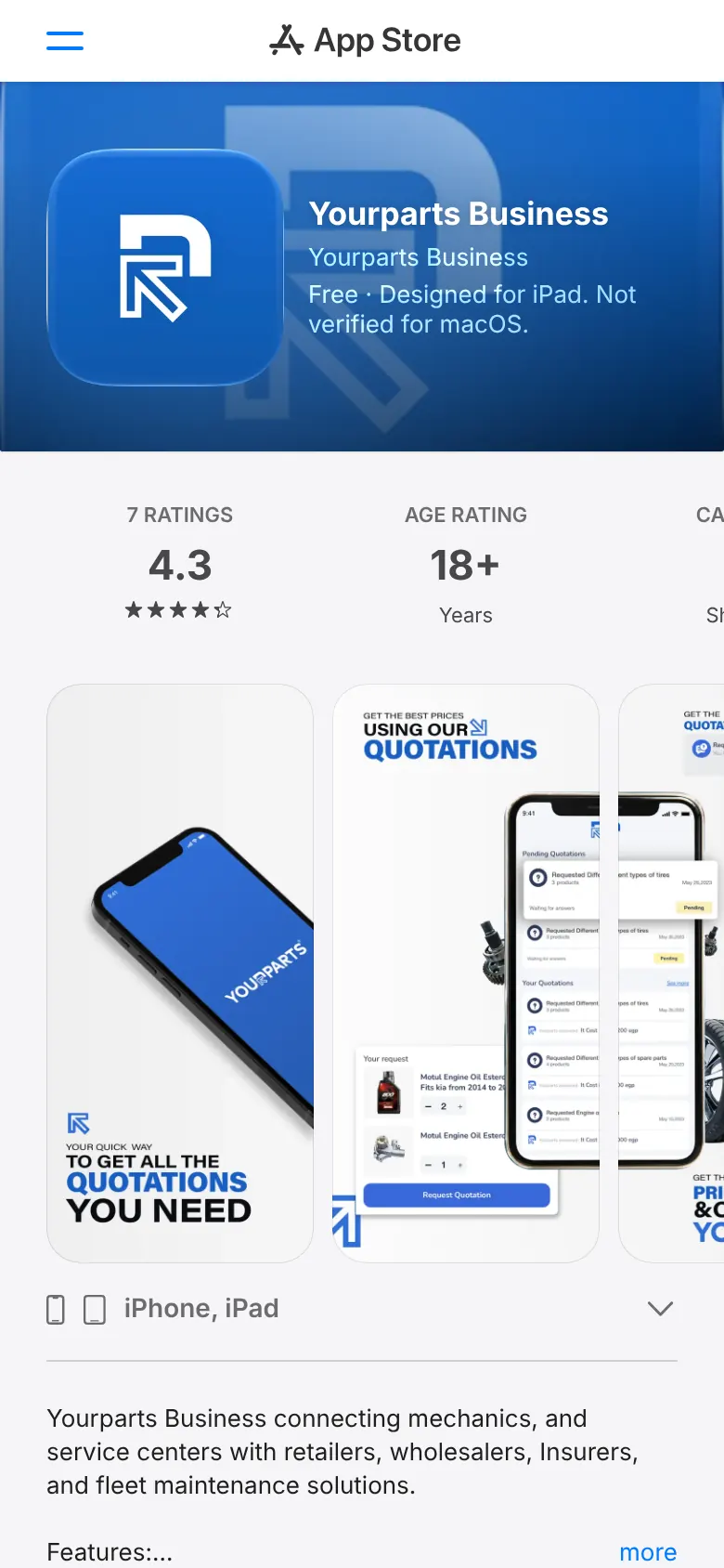 Your Parts, phone screen of the live product