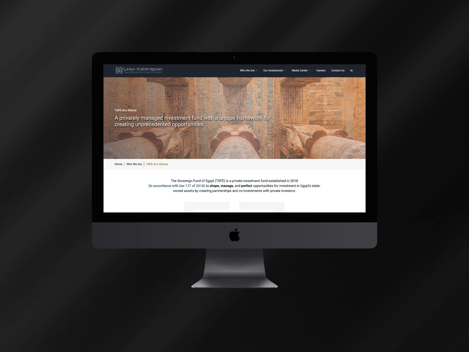 The Sovereign Fund of Egypt (TSFE), live site on a device mockup (view 2)